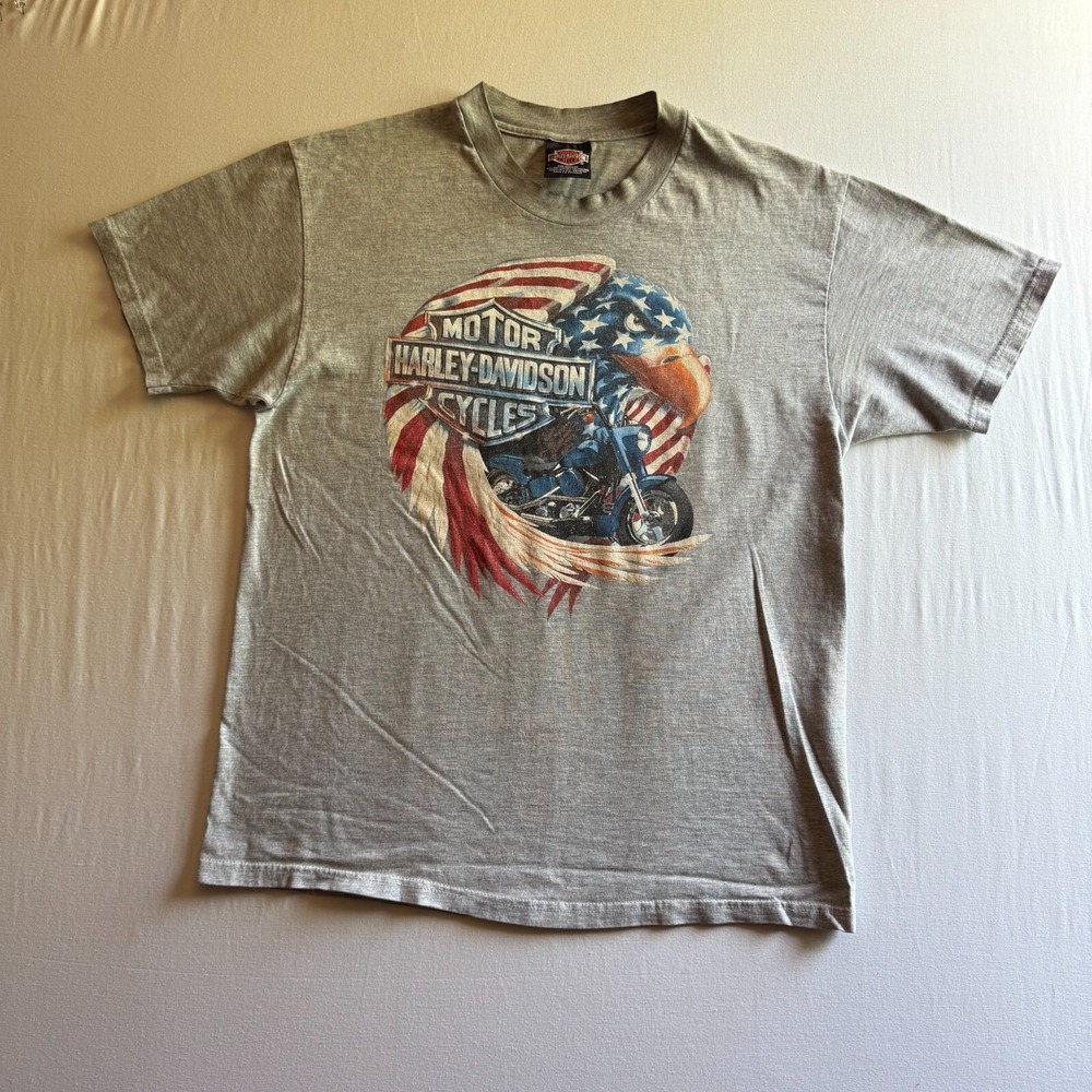 HARLEY DAVIDSON Shirt Vintage Y2K‎ Mens Large Gray Eagle Flag Graphic USA Biker